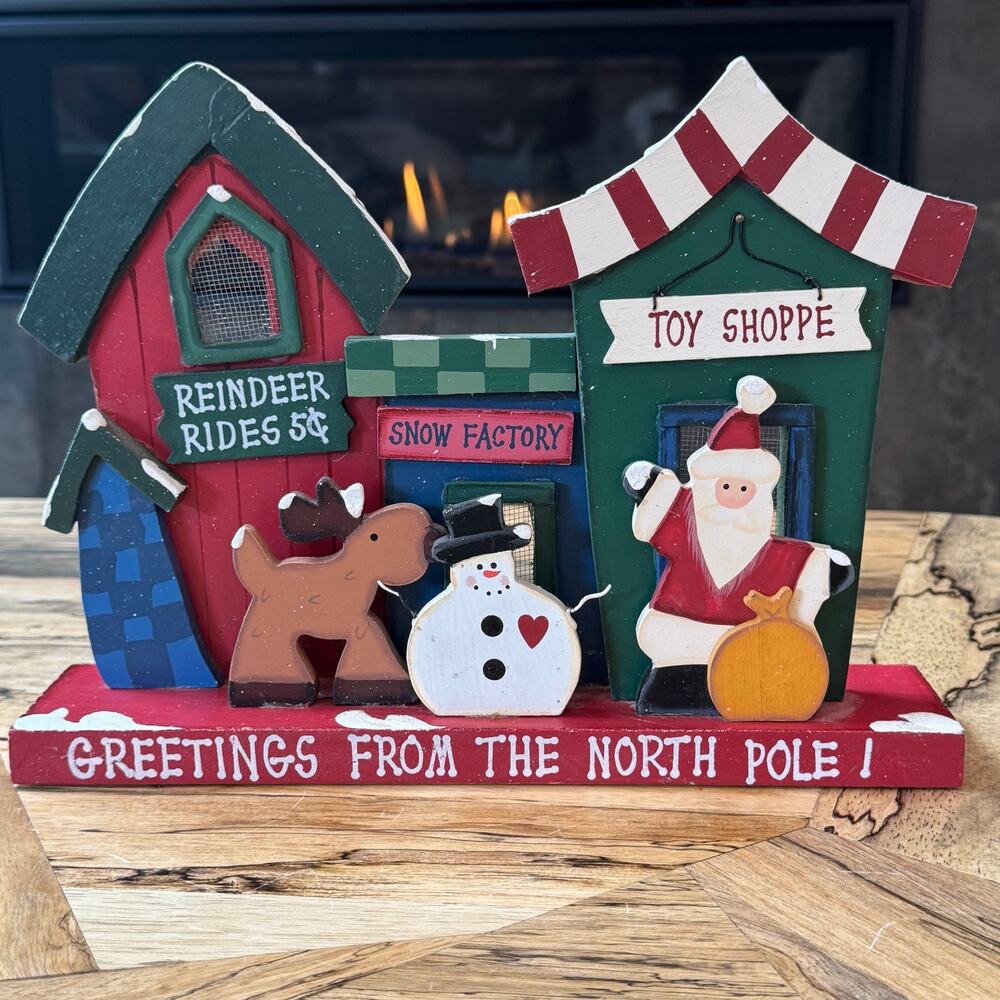 Vintage Kmart Wooden Christmas Village Shelf Sitter North Pole Toy Shop Reindeer